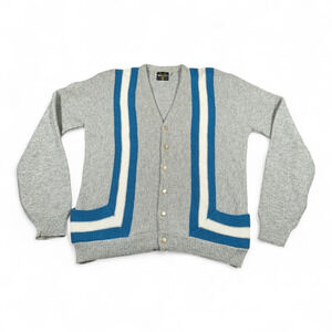 Vintage Diplomat Sweater Adult MEDIUM Gray Cardigan Striped Orlon Knit USA 60s